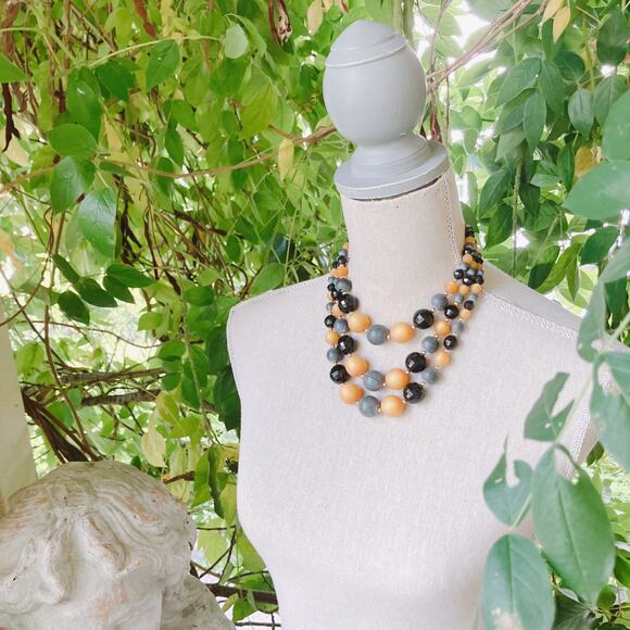 Vintage 1950s Lucite Multi Strand Necklace Black Gray Mustard Halloween Jewelry - Picture 5 of 11